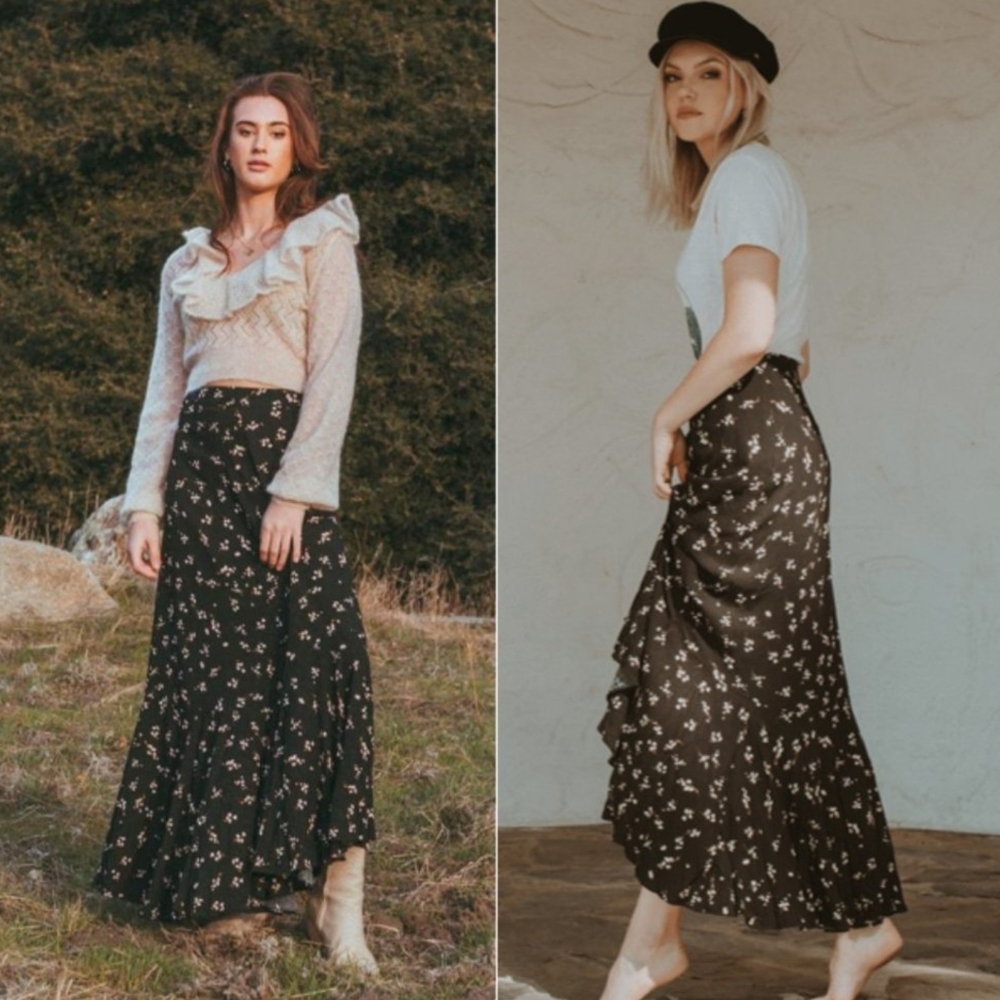 Free People Ruby's Forever Black Floral Ruffle Maxi Skirt